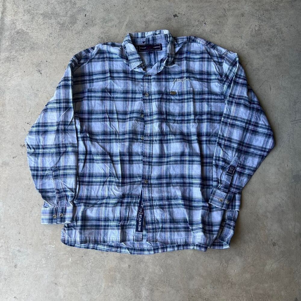 Phat Farms y2k Button up Blue pLaid Mens size 3XL